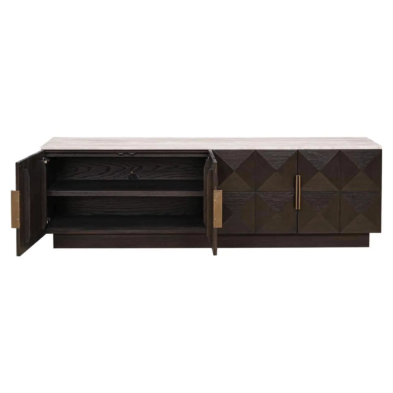 Der Fernsehschrank Claremont brown auf weißem Hintergrund, mit geöffneten linken Türen und sichtbaren Regalböden - Richmond Interiors