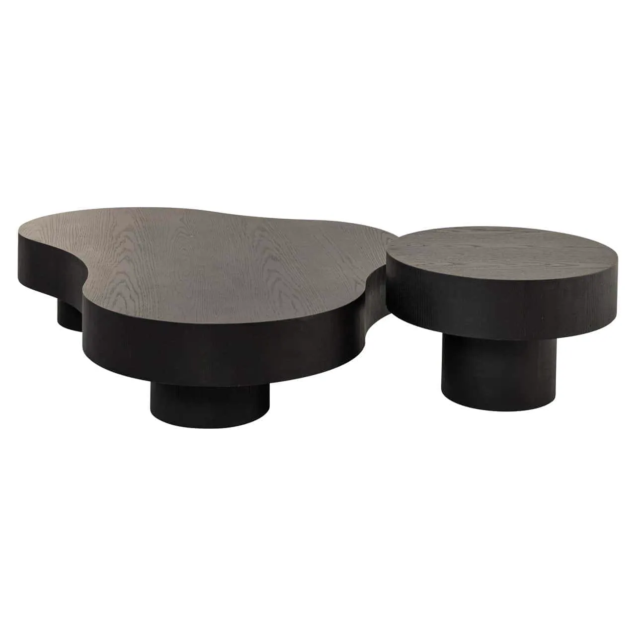 Salontafel Bogor dark coffee, een set van twee tafels met een organische en een ronde vorm, op een witte achtergrond - Richmond Interiors