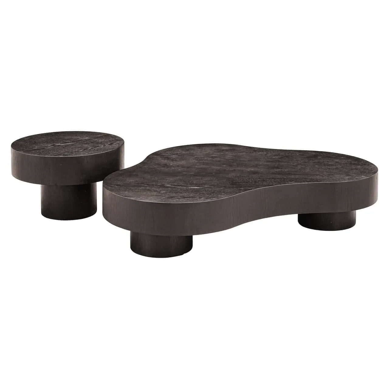 De Salontafel Bogor dark coffee set van 2 op een witte achtergrond, vanuit een laag standpunt gefotografeerd - Richmond Interiors