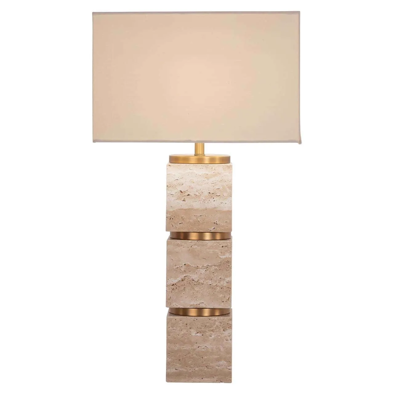 Tischleuchte Jaella beige mit einem rechteckigen cremefarbenen Schirm und einem beigen Marmorfuß auf weißem Hintergrund - Richmond Interiors