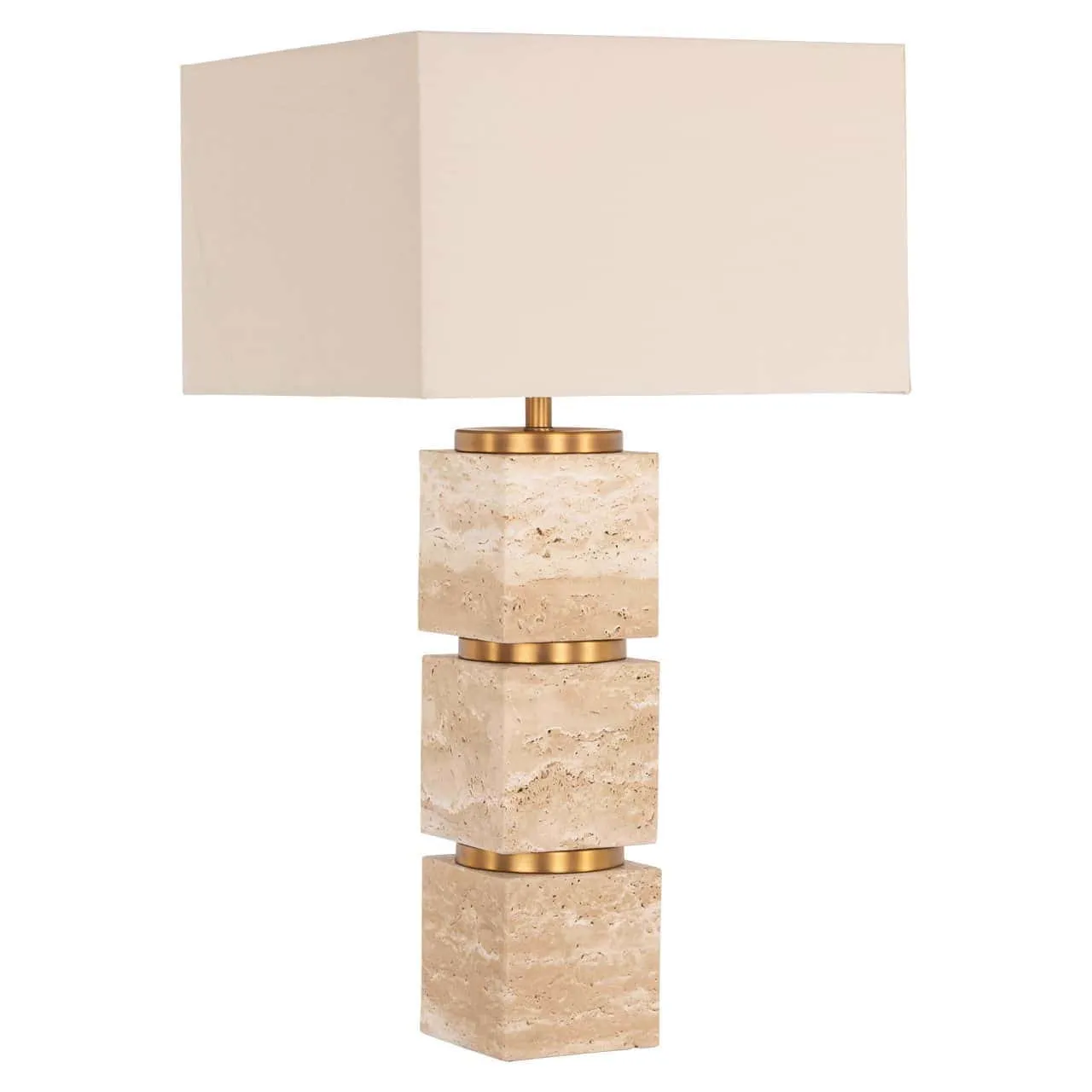 Tischleuchte Jaella beige auf weißem Hintergrund, mit einem rechteckigen Lampenschirm und einem gestapelten Fuß - Richmond Interiors