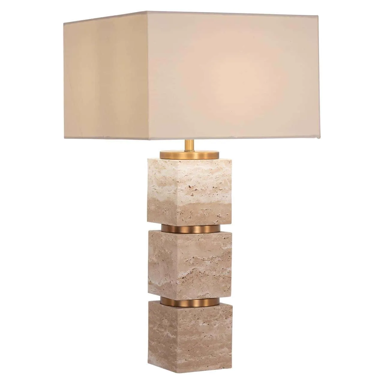 Tischleuchte Jaella beige auf weißem Hintergrund, mit rechteckigem Schirm und würfelförmigem Fuß - Richmond Interiors