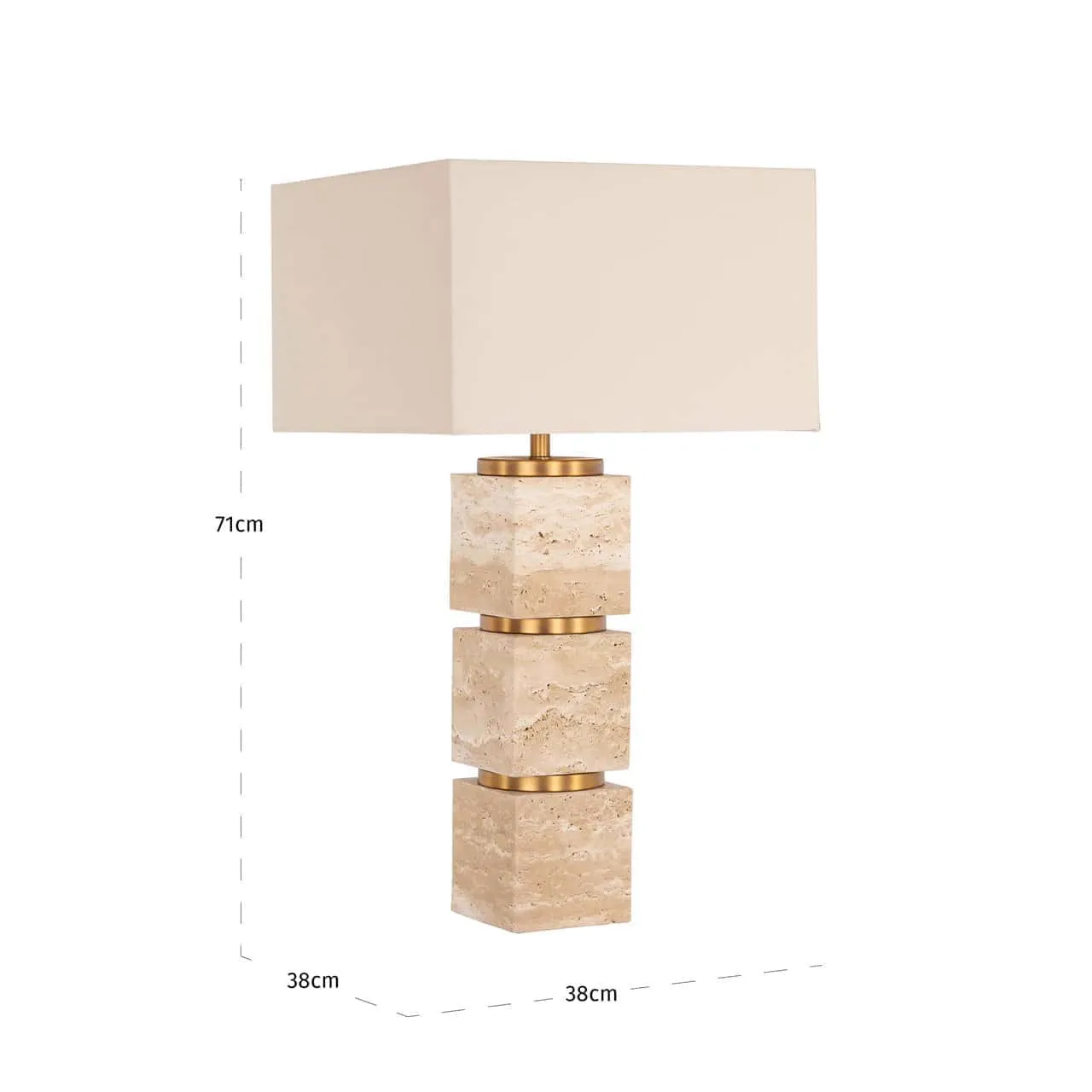 Tischleuchte Jaella beige mit rechteckigem Schirm und drei Blöcken als Fuß, auf weißem Hintergrund - Richmond Interiors