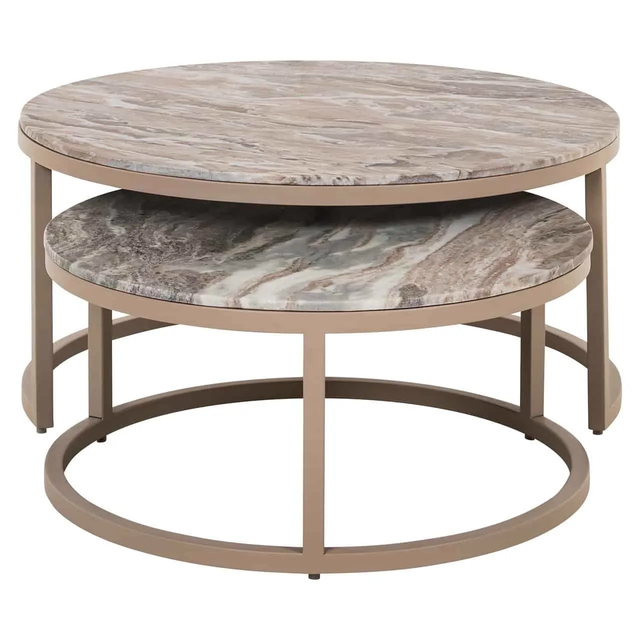 Der Couchtisch Fairfax clay (2er-Set) mit runden Platten und Metallgestellen auf weißem Hintergrund - Richmond Interiors