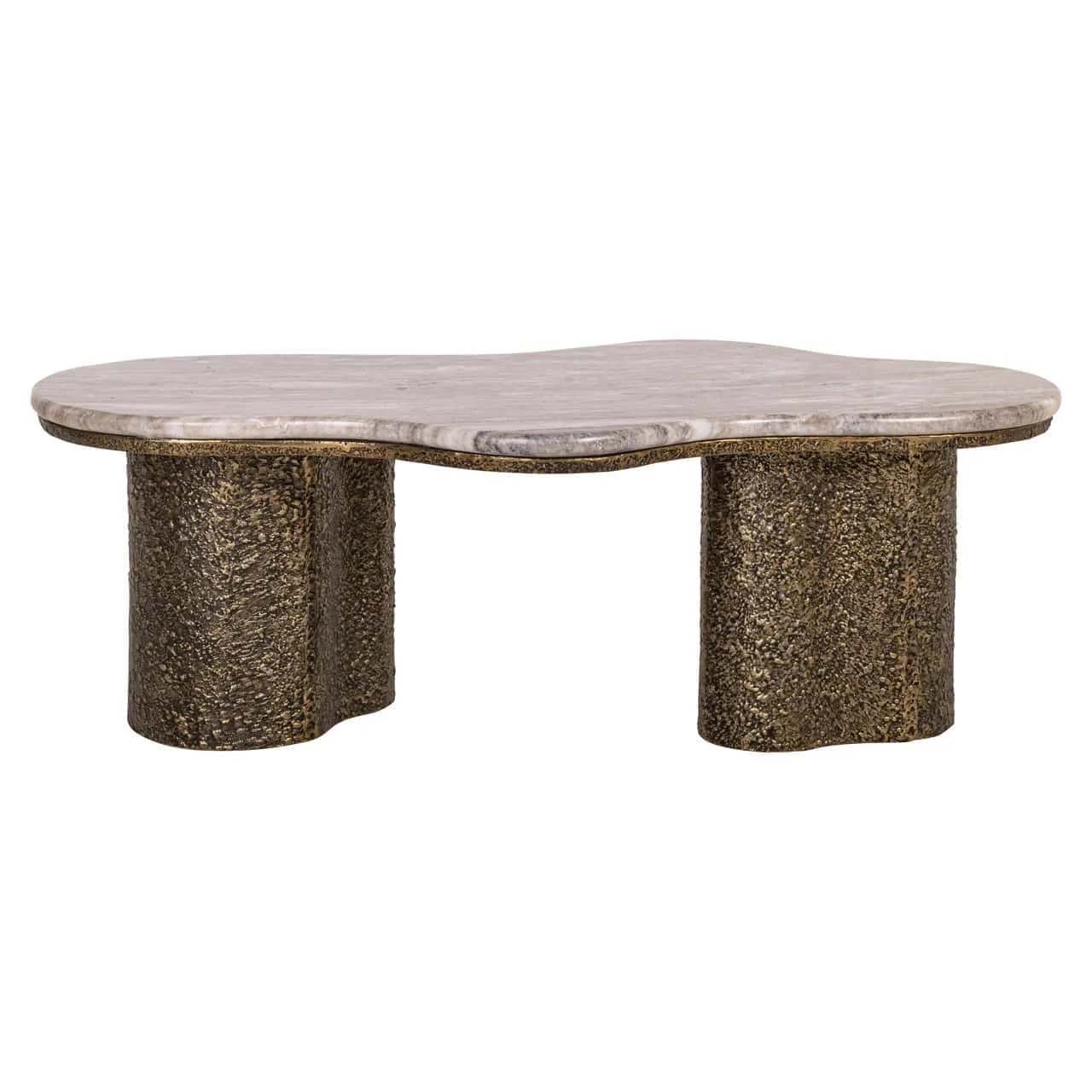 Couchtisch Abandos brass antique auf weißem Hintergrund, mit einer Marmorplatte und zwei breiten, strukturierten messingfarbenen Beinen - Richmond Interiors