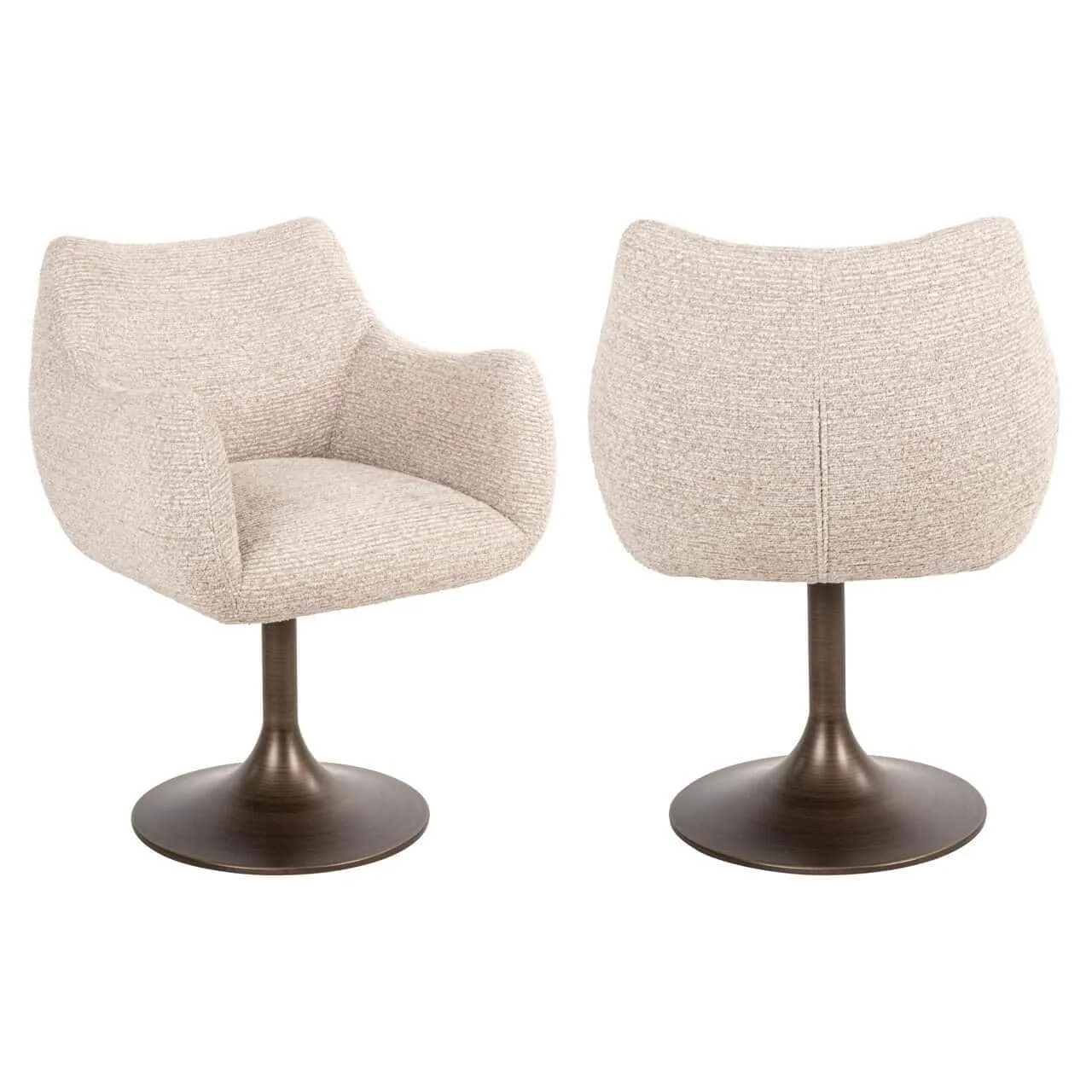 Twee eetkamerstoelen Aldo natural linear swivel op een witte achtergrond, één van voren en één van achteren gezien - Richmond Interiors
