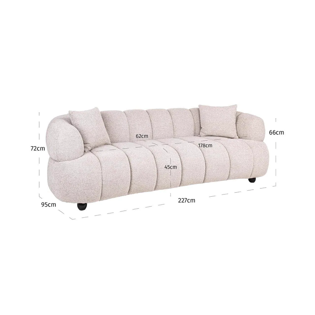 Sofa Amelia natur fancy auf weißem Hintergrund, mit Abmessungen von 227cm Breite und 72cm Höhe - Richmond Interiors