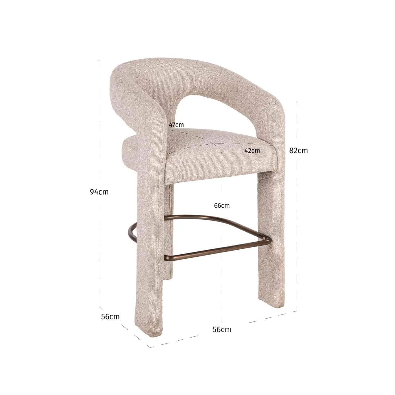 Counterstoel Belle biscotti op een witte achtergrond, met de afmetingen van de stoel duidelijk weergegeven - Richmond Interiors