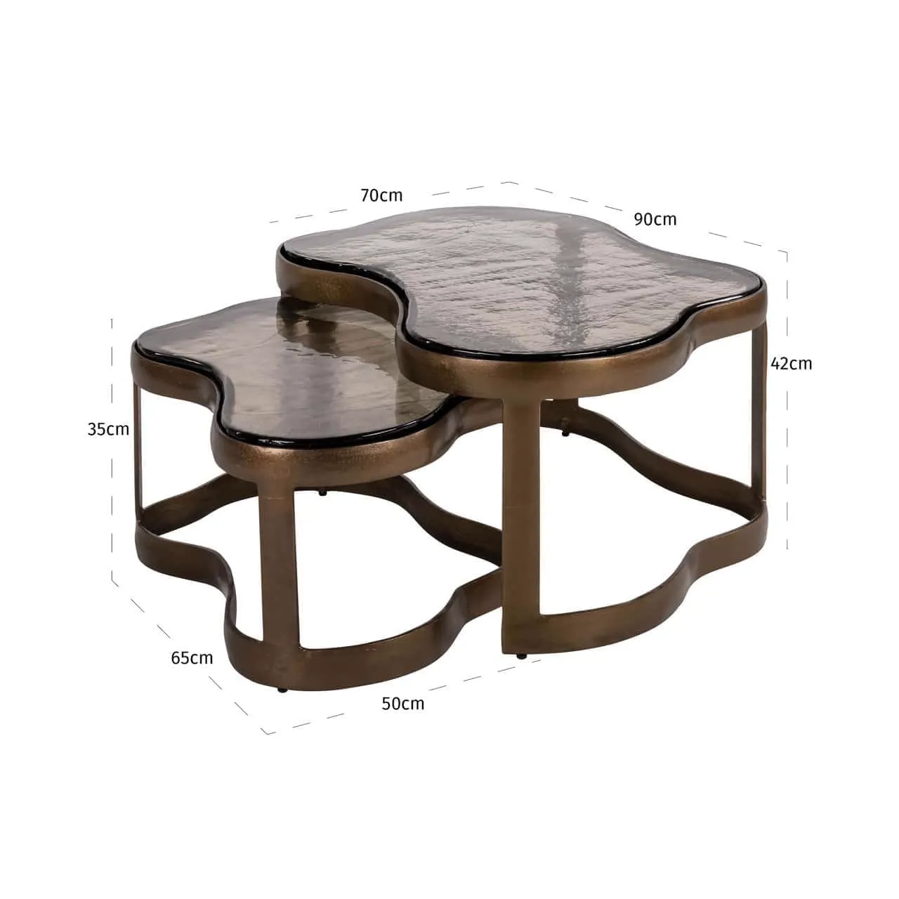 Set aus zwei Couchtischen Fairfield Messing Antik mit wellenförmigen Platten und Maßen auf weißem Hintergrund - Richmond Interiors