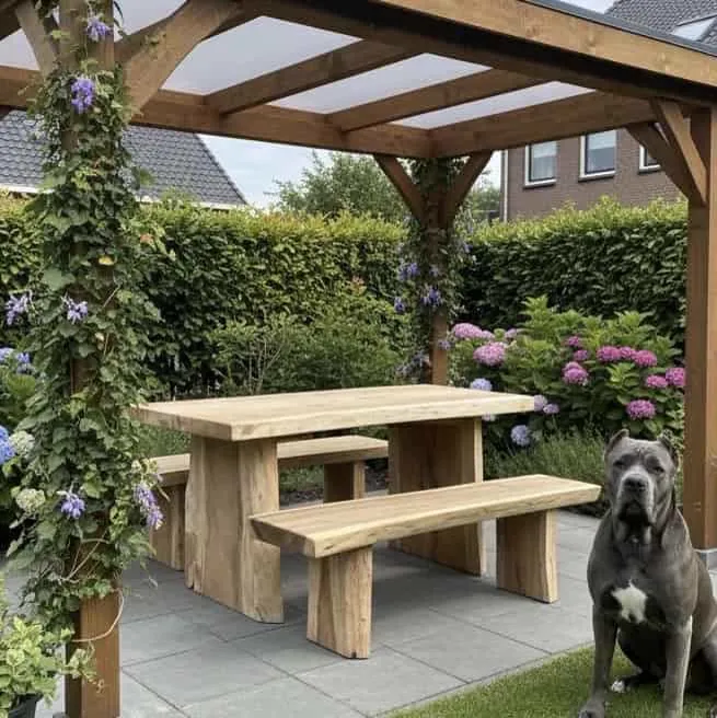 Suarholz Baumstammtisch Set in einem grünen Garten unter einer Holzpergola mit einem Hund - World of Brosi
