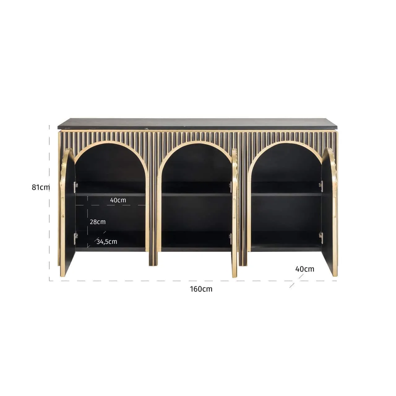 Sideboard Les Arcs brushed gold mit geöffneten Türen und Maßen auf weißem Hintergrund - Richmond Interiors