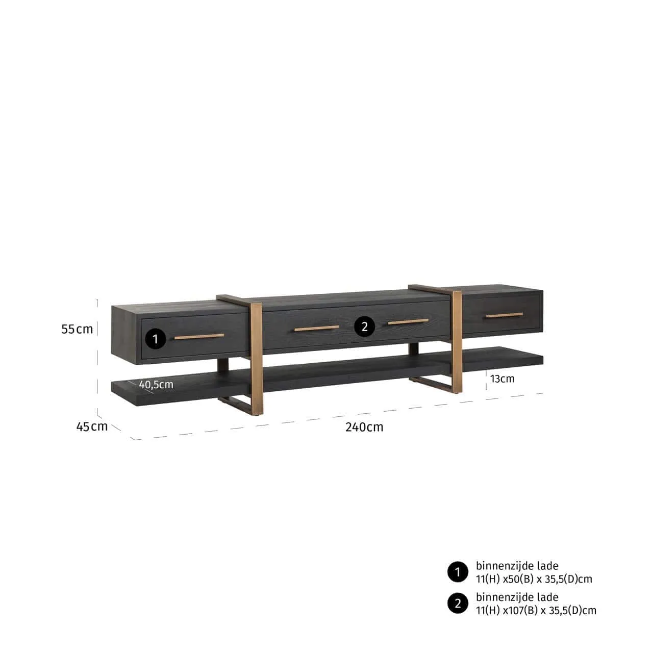 TV-Sideboard Cambon dark coffee auf weißem Hintergrund, mit Maßen und Schubladeninformationen - Richmond Interiors