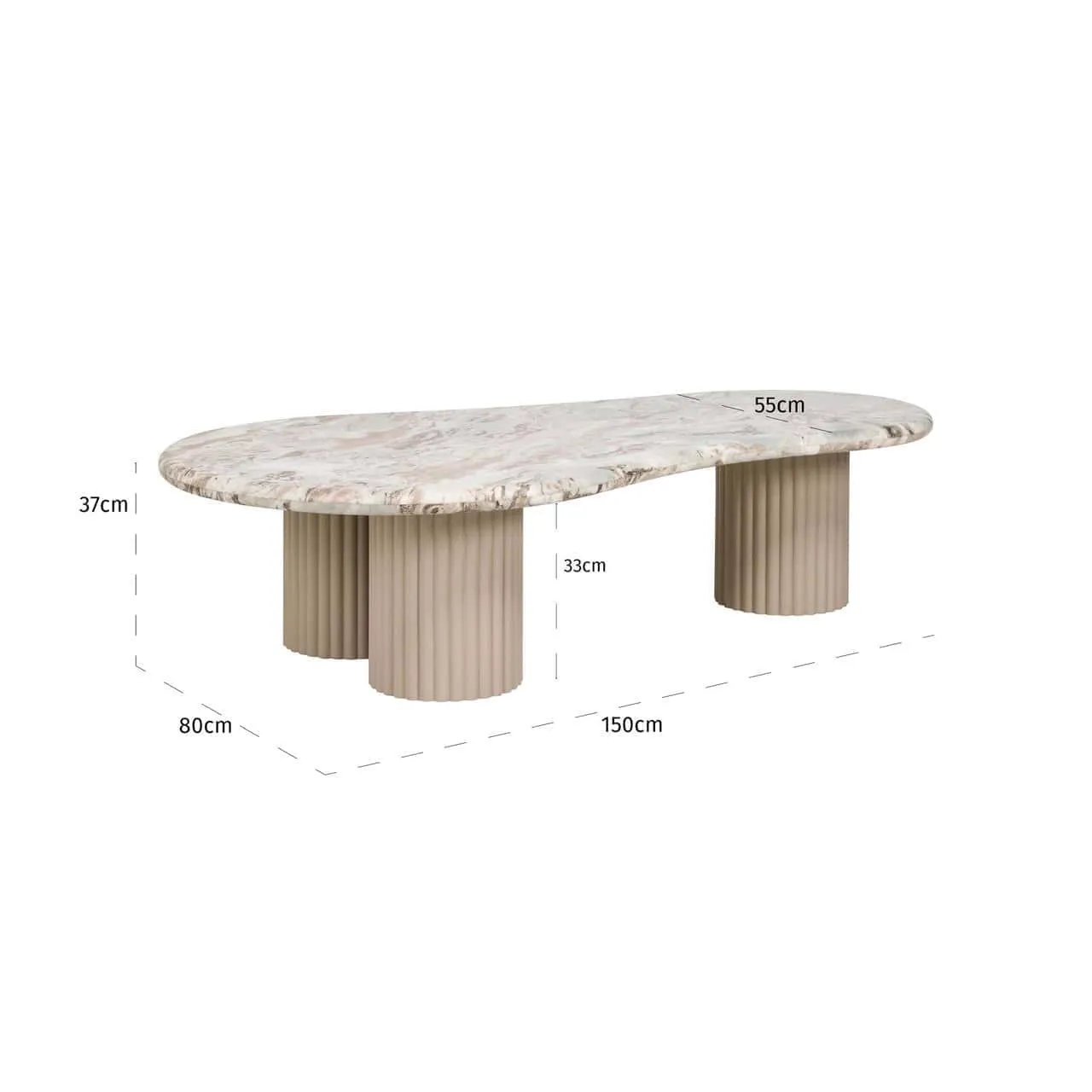 Couchtisch Coronel Blush beige mit ovaler Marmorplatte und zwei geriffelten Beinen auf weißem Hintergrund - Richmond Interiors