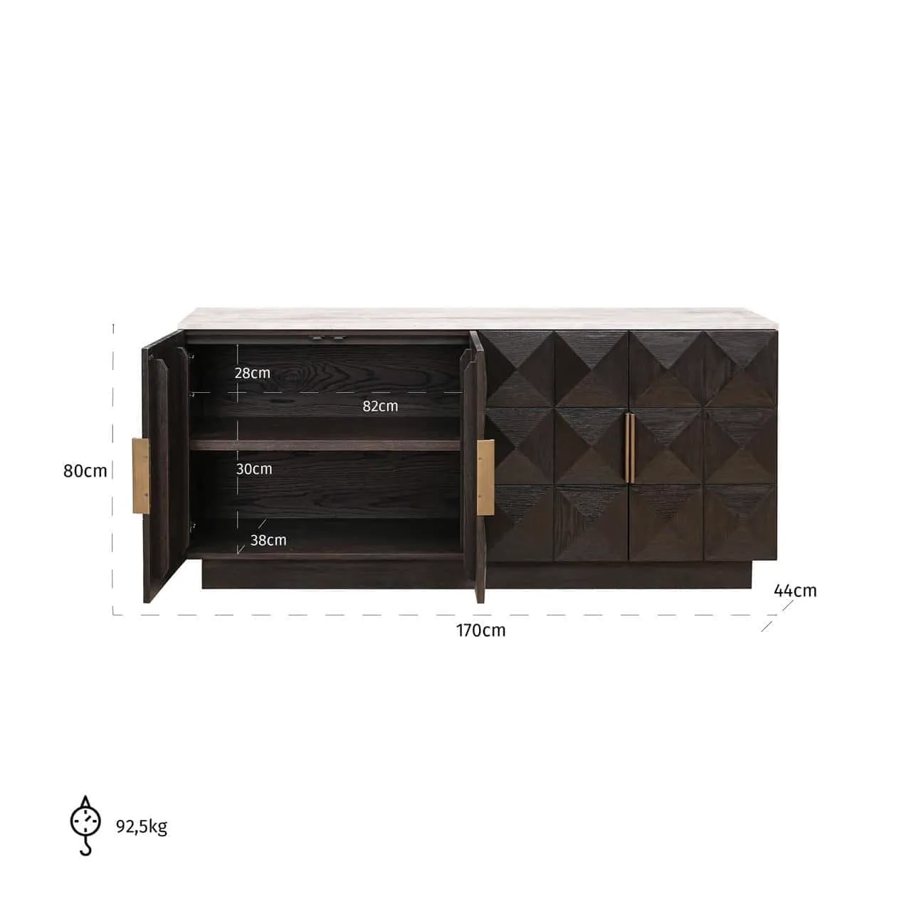 Sideboard Claremont Braun mit offenen Türen zeigt die Innenaufteilung und Maße auf weißem Hintergrund - Richmond Interiors