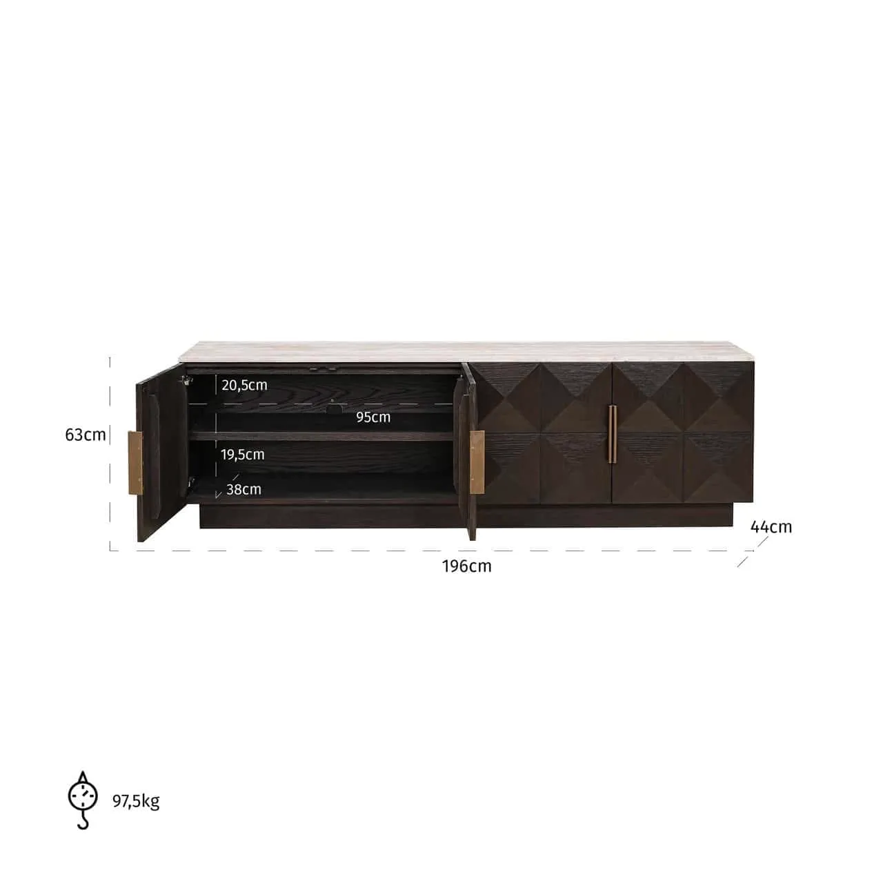 Fernsehschrank Claremont brown auf weißem Hintergrund, mit geöffneten Türen und Maßen - Richmond Interiors