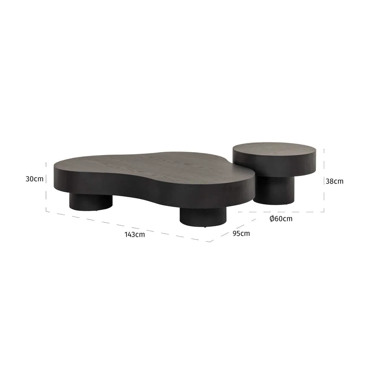 Salontafel Bogor dark coffee set van 2 op een witte achtergrond met afmetingen - Richmond Interiors