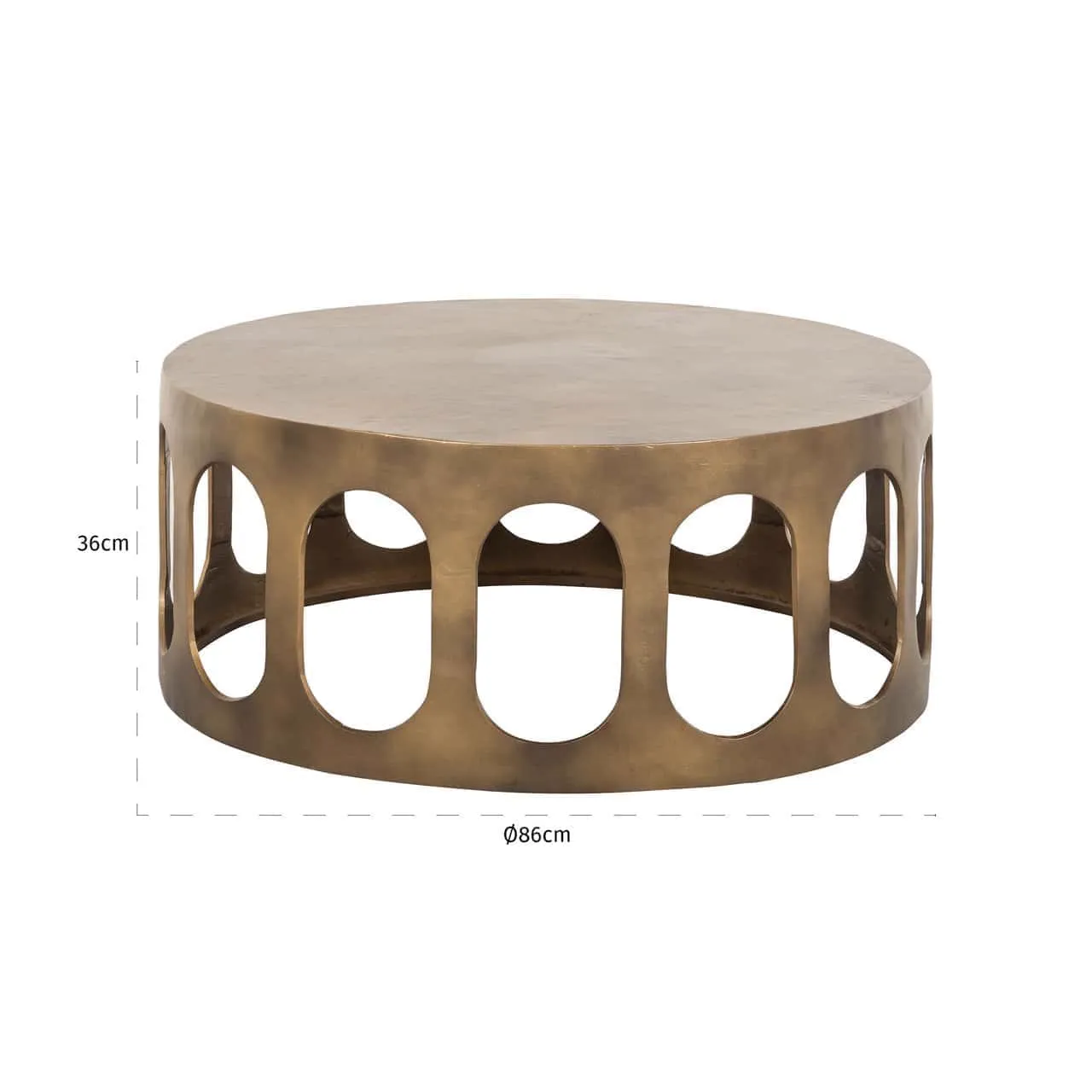 Couchtisch Du Pont brushed gold auf weißem Hintergrund, mit den Maßen 36cm hoch und 86cm Durchmesser - Richmond Interiors