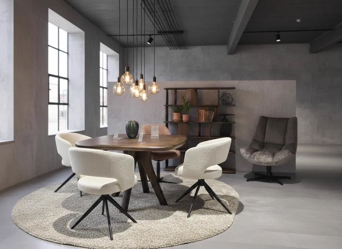 Essstuhl Claude weiß in einem modernen Ausstellungsraum mit einem Holzesstisch und einem runden Teppich - Mokana Furniture
