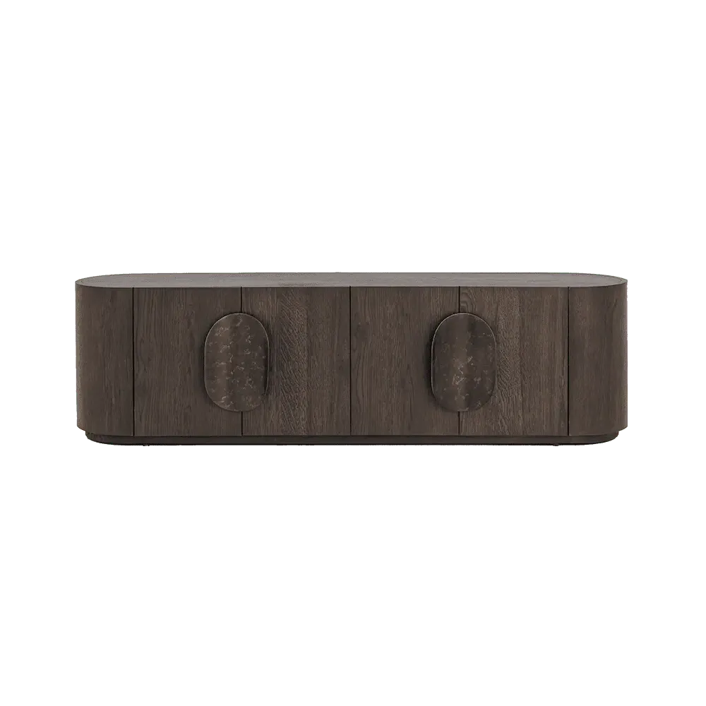 Allure TV-Schrank Dunkelbraun 180 cm, frontal vor einem schwarzen Hintergrund fotografiert - Tower Living