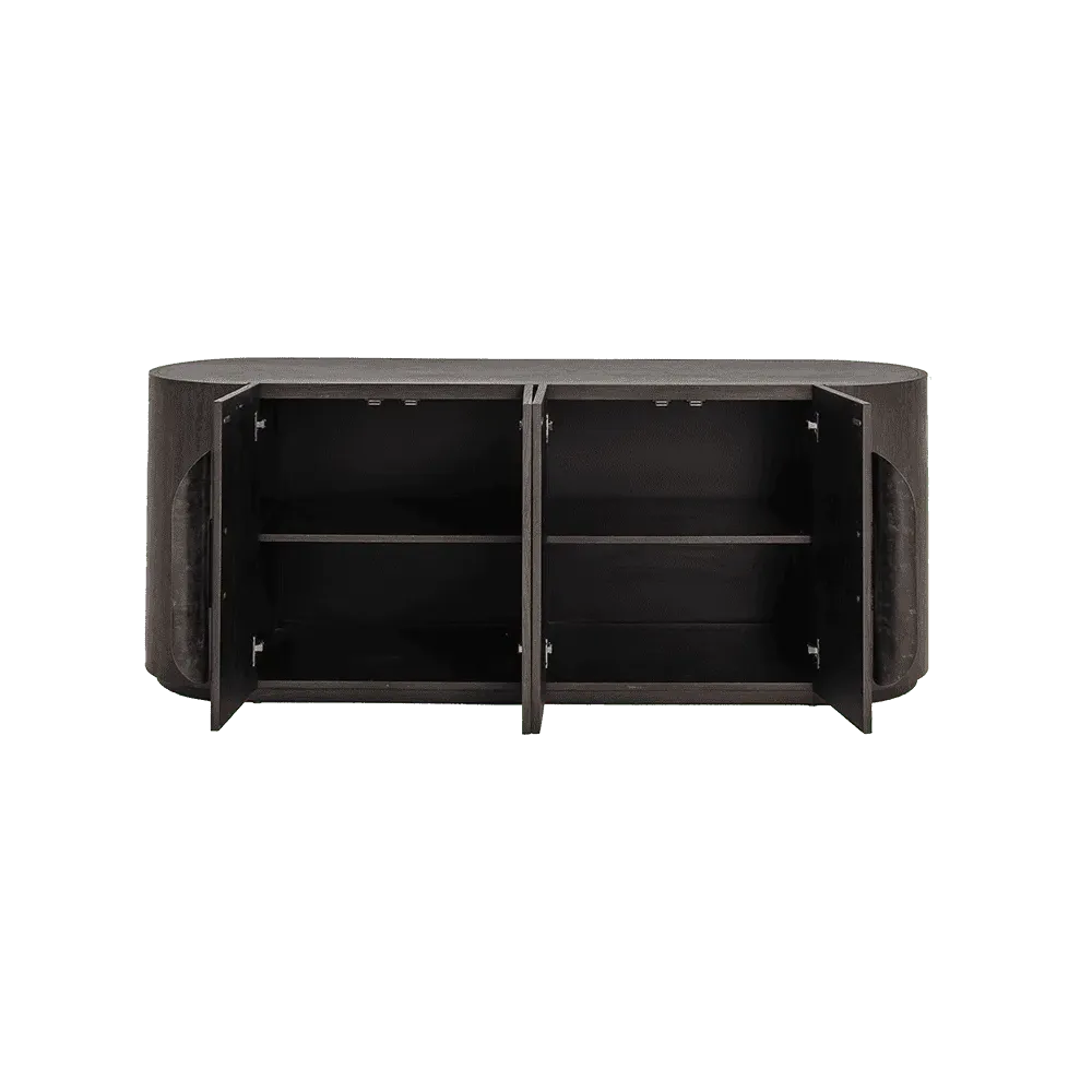 Allure Sideboard dunkelbraun 180 cm mit geöffneten Türen und Blick auf die Regalböden, im Studio fotografiert - Tower Living