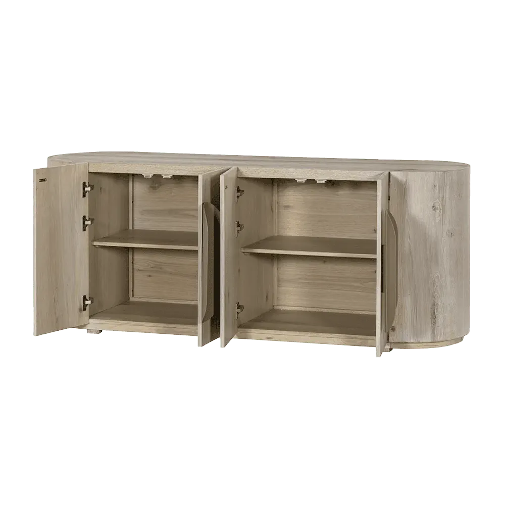 Allure Sideboard white wash 180 cm mit geöffneten Türen und Blick auf die Regalböden - Tower Living