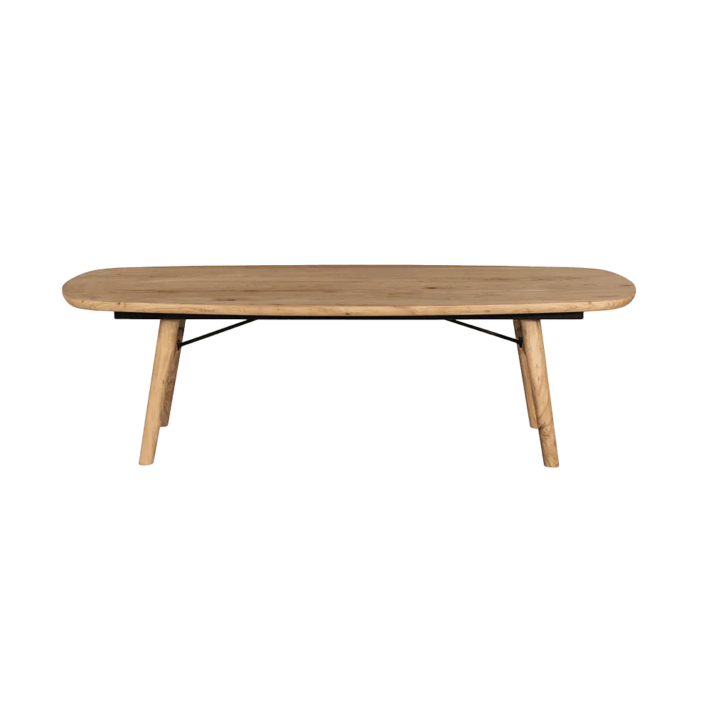 Aura Couchtisch Natur dänisch oval 140 cm, von vorne auf einem einfarbigen Hintergrund fotografiert - Tower Living