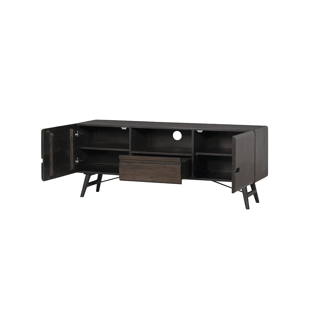 Aura TV-Möbel Espresso 150 cm mit geöffneten Türen und Schublade in einer Studio-Umgebung - Tower Living