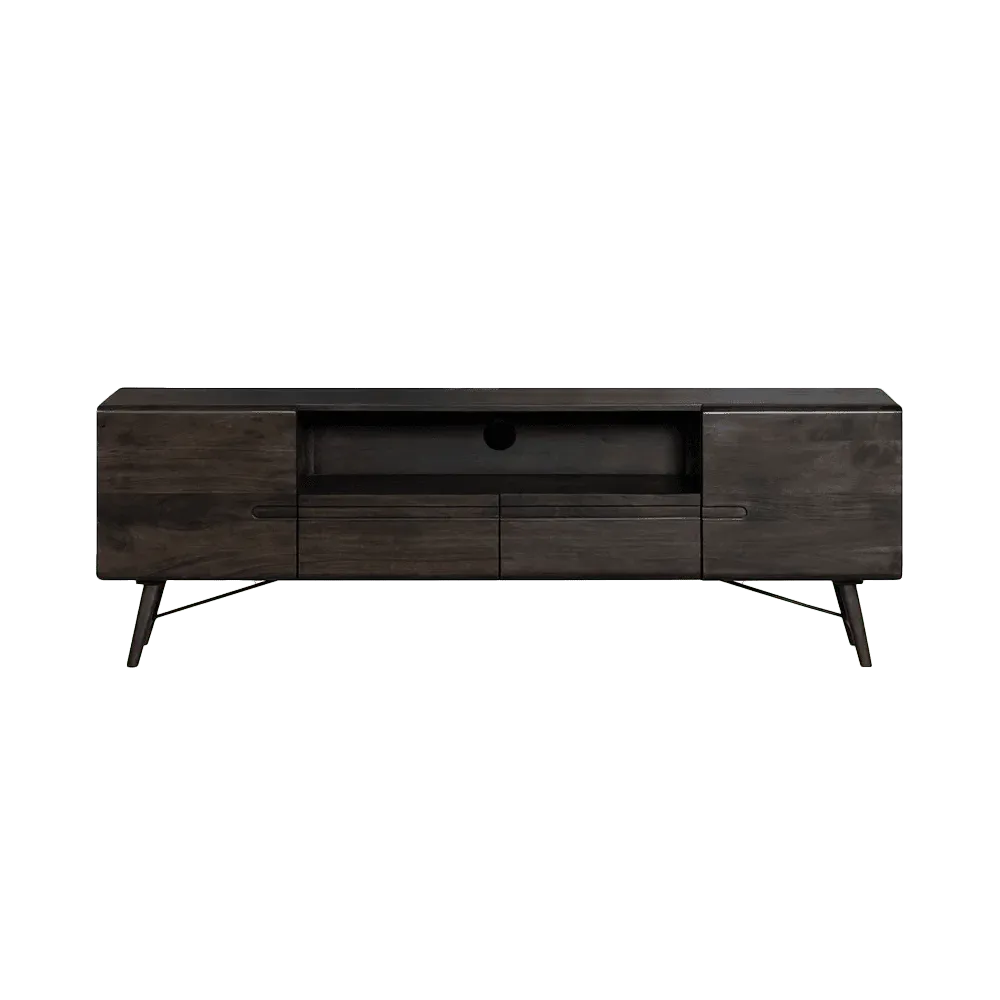 Aura TV-Möbel Espresso 180 cm in einer Studio-Umgebung, frontal auf dunklem Hintergrund fotografiert - Tower Living