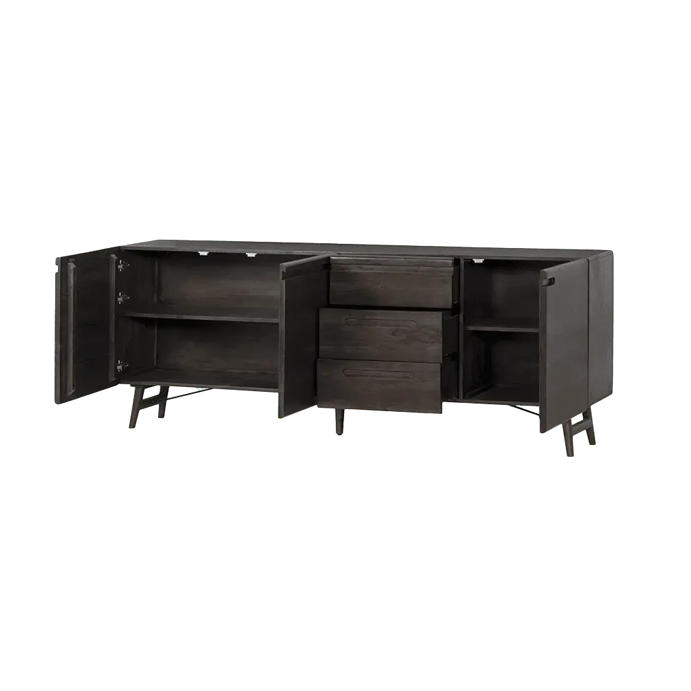 Aura Sideboard Espresso 210 cm mit geöffneten Türen und Schubladen, auf schwarzem Hintergrund - Tower Living