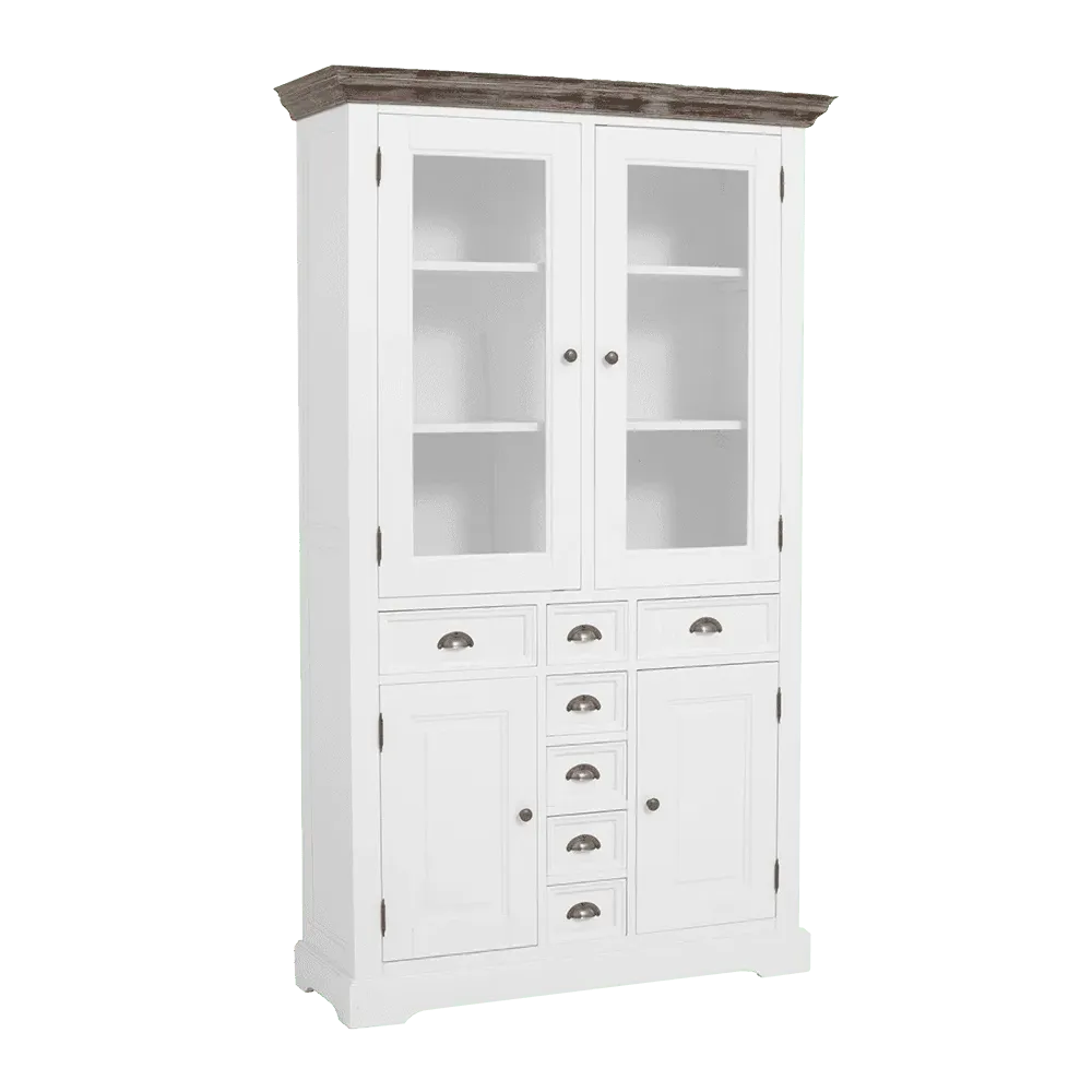 Fleur Vitrinenschrank 115 cm auf weißem Hintergrund, mit Glastüren und Schubladen - Tower Living