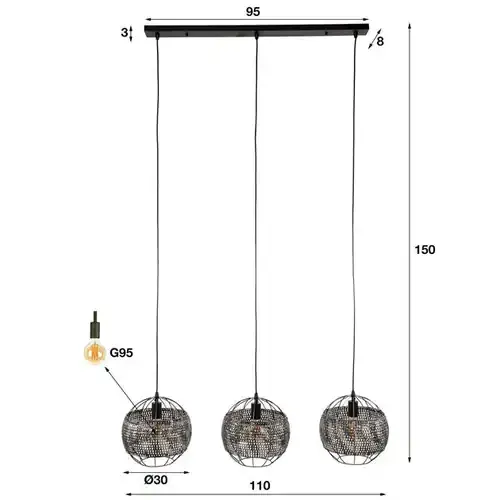 Hanglamp Armor Open 3-lichts / Zwart bruin metaal in zwart modern sfeer Mokana - Zijlstra
