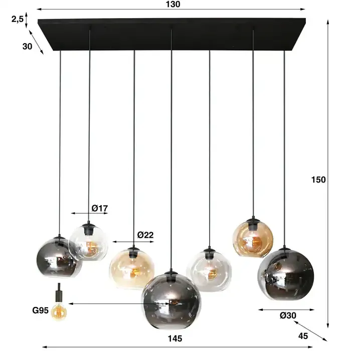 Hängeleuchte Multi Globe 4+3-flammig / Artic Schwarz Glas in Schwarz, moderner Stil Mokana - Zijlstra
