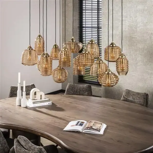 Hängelampe Rib Glass 5+5+5-flammig / Amberglas Holz in Braun modernes Ambiente Mokana - Zijlstra