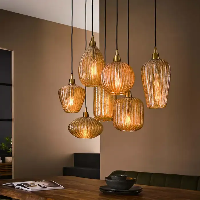 V-Shape 4+3-light Pendant Light / Amber glass - Zijlstra