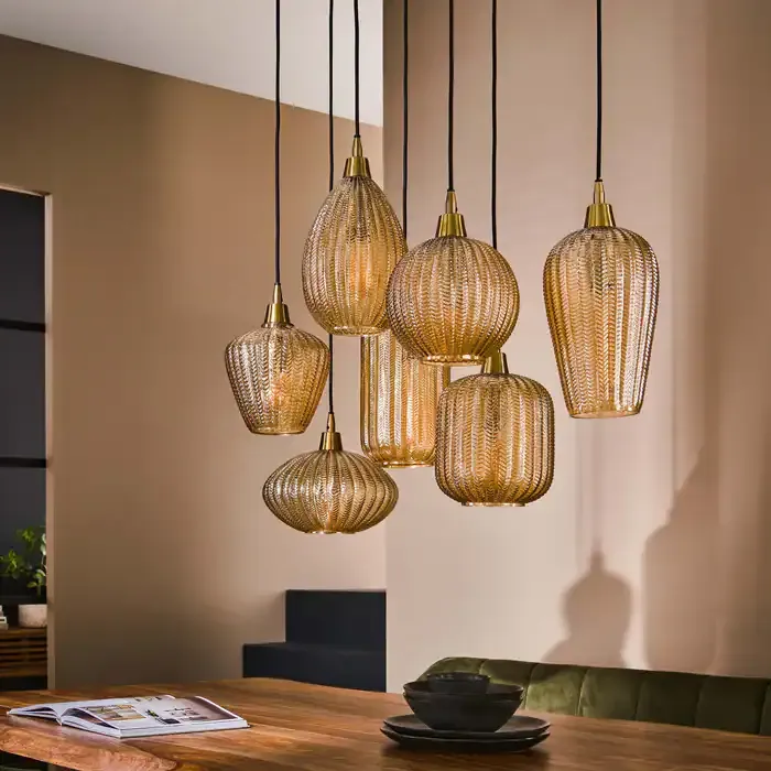 V-Shape 4+3-light Pendant Light / Amber glass - Zijlstra