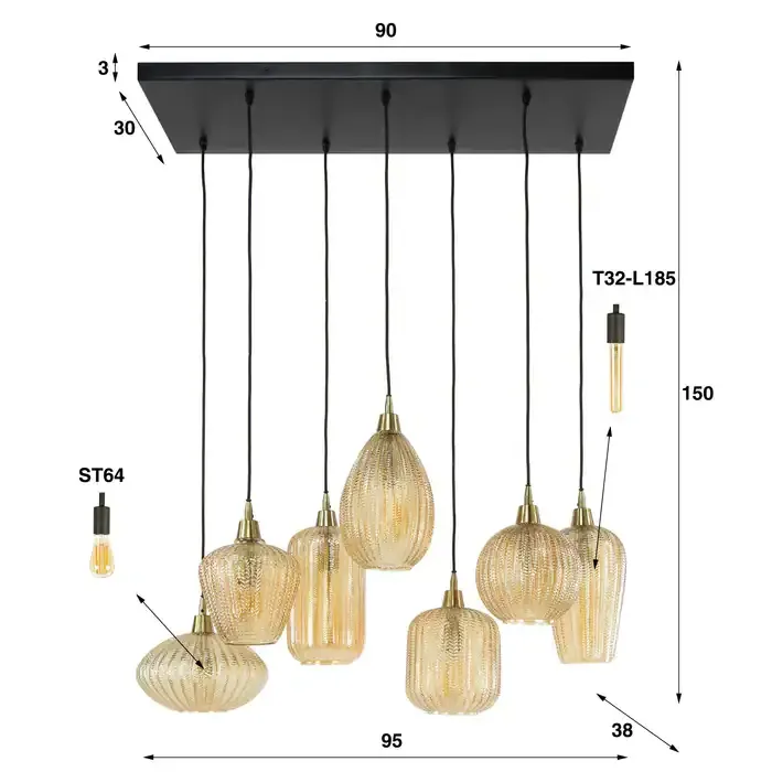 V-Shape 4+3-light Pendant Light / Amber glass - Zijlstra