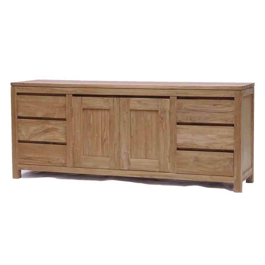 Corona Sideboard 180 cm auf weißem Hintergrund, mit drei Schubladen auf jeder Seite und zwei Türen in der Mitte - Tower Living