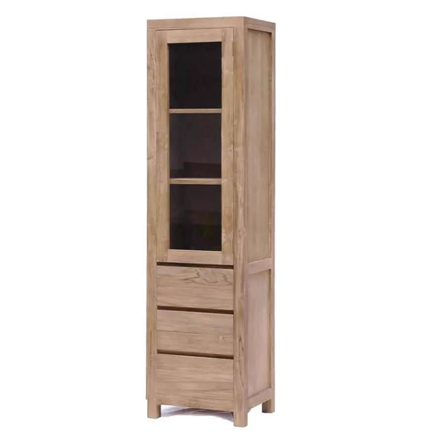 Corona Vitrinenschrank 50 cm auf weißem Hintergrund, mit der Glastür oben und drei Schubladen darunter - Tower Living