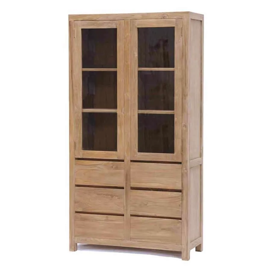 Corona Vitrinenschrank 100 cm mit zwei Glastüren und sechs Schubladen auf weißem Hintergrund - Tower Living