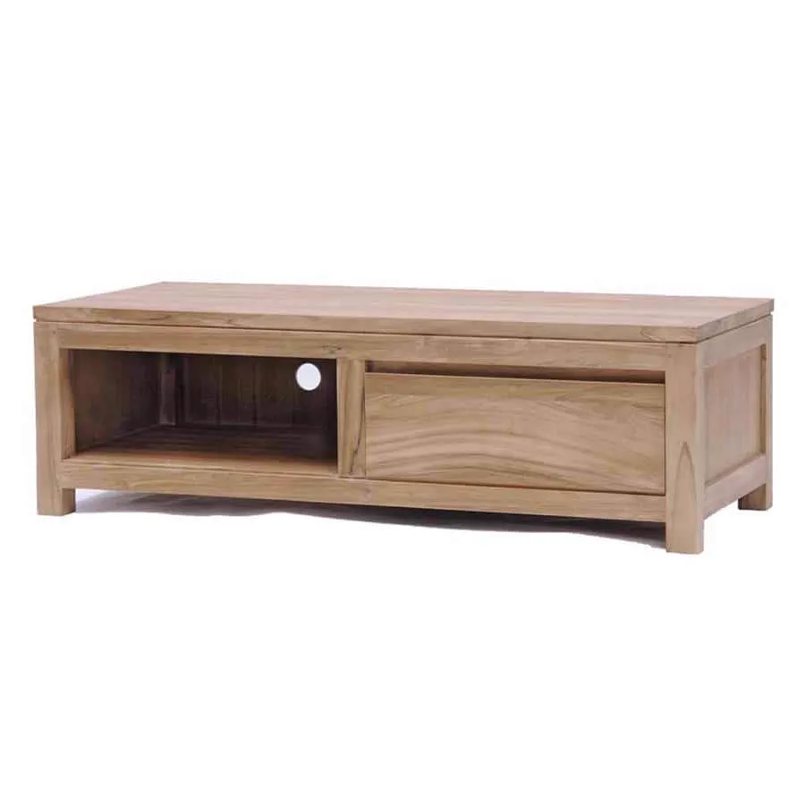 Corona TV-Möbel 120 cm auf weißem Hintergrund, mit offenem Fach und Schublade, leicht schräg von vorne gesehen - Tower Living