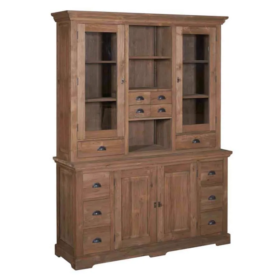 Das Bologna Sideboard 164 cm, ein Holzschrank mit Glastüren und Schubladen, auf weißem Hintergrund - Tower Living