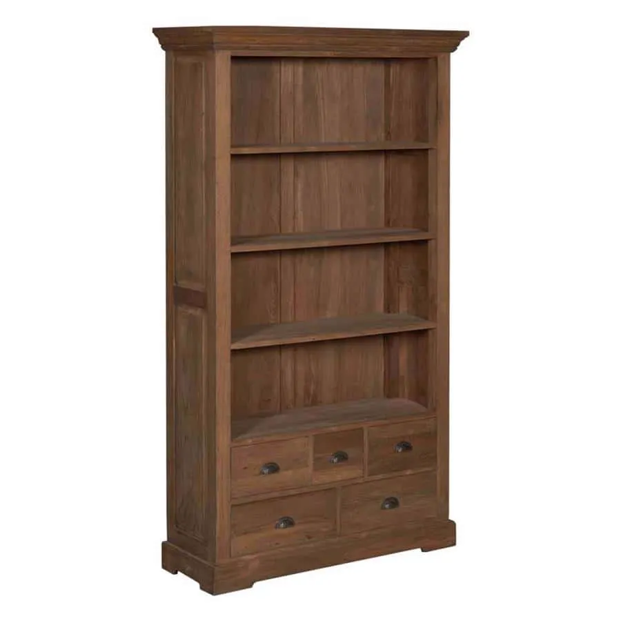 Das Bologna Bücherregal 111 cm auf weißem Hintergrund, mit vier offenen Fächern und fünf Schubladen - Tower Living