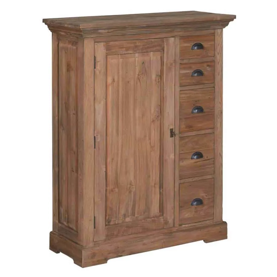 Der Bologna Speiseschrank 100 cm, ein Holzschrank mit einer Tür und fünf Schubladen mit schwarzen Griffen, auf weißem Hintergrund - Tower Living