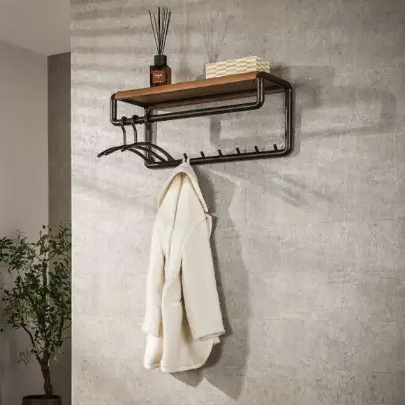 Coat Rack Round rail and hat shelf 8 hooks / Solid acacia - Zijlstra