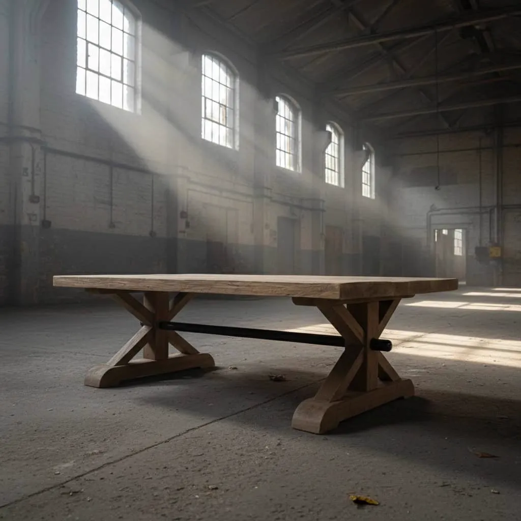 Couchtisch Riegel Klostertisch in einer großen, leeren Halle mit Sonnenlicht, das durch hohe Fenster fällt - World of Brosi