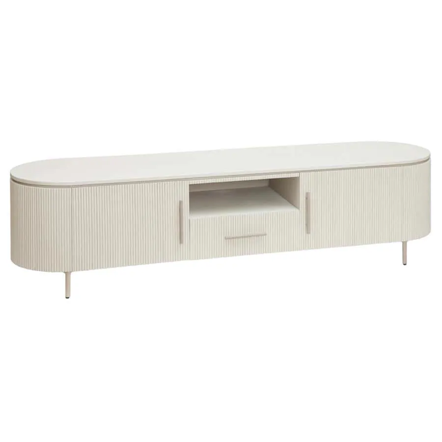 Corbetta TV-Schrank 185 cm auf weißem Hintergrund, mit zwei Türen und einer Schublade - Tower Living