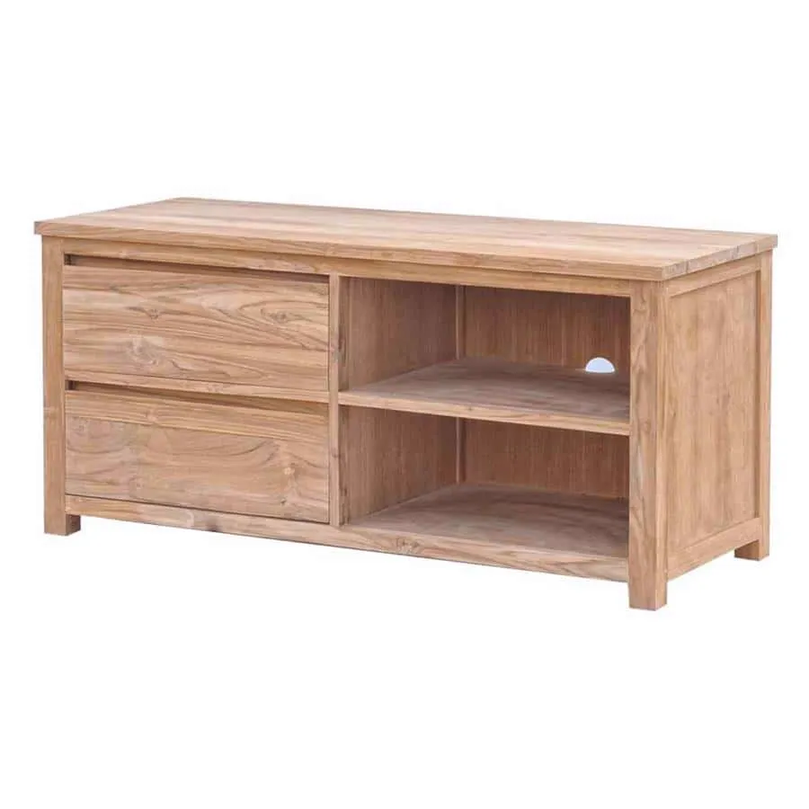 Corona TV-Möbel 130 cm von Tower Living, ein TV-Möbel aus Holz mit zwei Schubladen und zwei offenen Fächern vor weißem Hintergrund