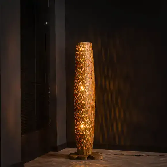 Stehleuchte Bars M 3-flammig / Massivholz Teakholz in Braun, Bohème-Stil Mokana - Zijlstra