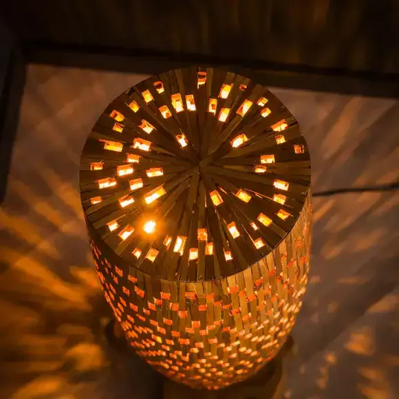 Stehleuchte Bars M 3-flammig / Massivholz Rattan in Braun, Bohème-Stil Mokana - Zijlstra