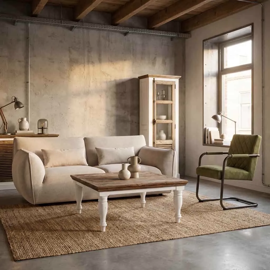 De Aberdeen 3-seater - fabric Eden 3 cream in een sfeervolle woonkamer met een houten salontafel en een groen fauteuil - Tower Living